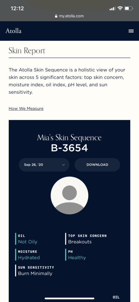 Atolla Skin Sequence showing the health of skin. Tests the levels of oil, pH, and hydration on the skin. 