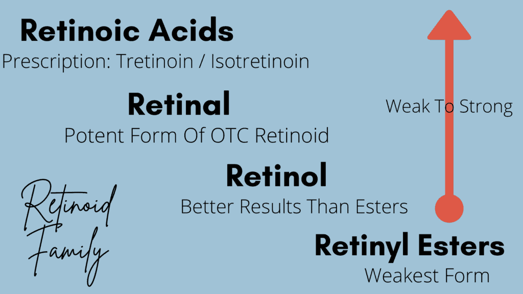 A diagram explaining the components of the retinoid family. There are Retinyl esters, retinol, retinal, and retinoic acids that make up this diverse family in skincare. 